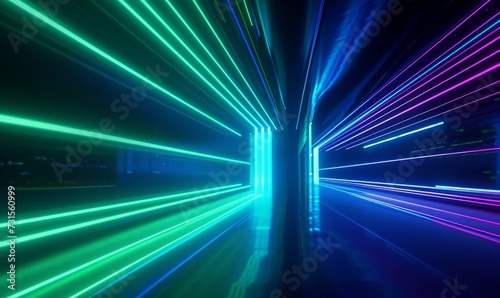 3d animation. Abstract neon background with blue green glowing lines sliding up. Futuristic animated wallpaper, Generative AI