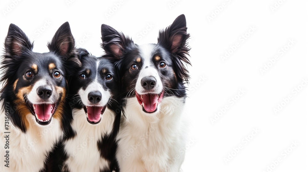 A banner with portrait of three happy border collie dogs on a white background. Studio photo with puppies, copy space.