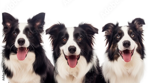 A banner with portrait of three happy border collie dogs on a white background. Studio photo with puppies.