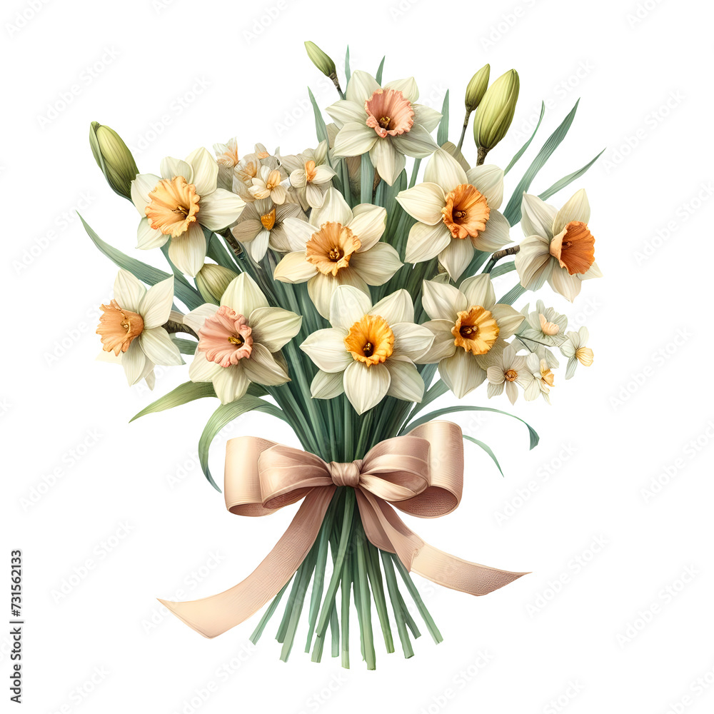 daffodil, bouquet, flower, isolated, floral, botanical, spring, yellow, drawing, easter, watercolor, gift, white, beauty, aroma, birthday, bunch, springtime, narcissus, nature, wedding, art, illustrat - obrazy, fototapety, plakaty 
