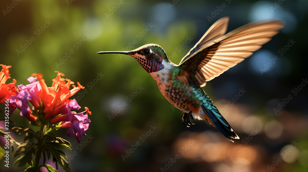 Fototapeta premium Hummingbird in flight. Flying hummingbird with green forest in background. Small colorful bird in flight.