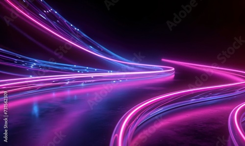 cycled 3d animation. Neon lines flow through a streaming jet leaving glowing tracks. Fantastic fluorescent ribbon, Generative AI