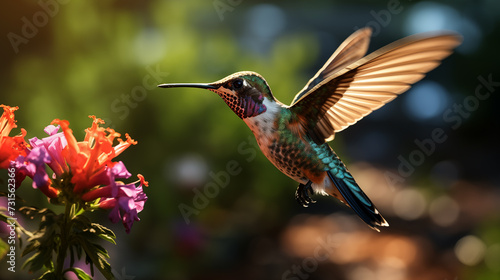Hummingbird in flight. Flying hummingbird with green forest in background. Small colorful bird in flight.
