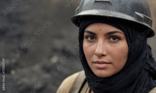 Portrait of a arab female miner inside the mine