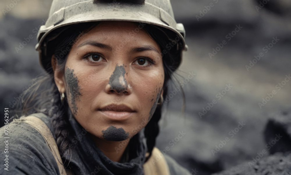 Portrait of a Native American female miner inside the mine