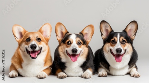 A banner with three multicolored happy corgi dogs lying on a white background. Studio photo with puppies. © Ekaterina Chemakina