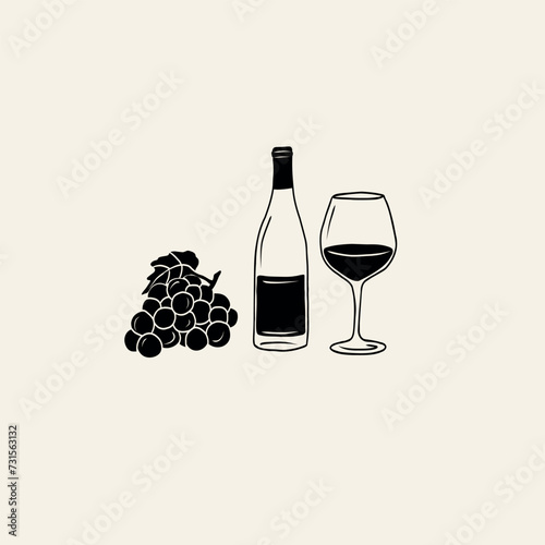 Flat doodle wine bottle, glass and grapes