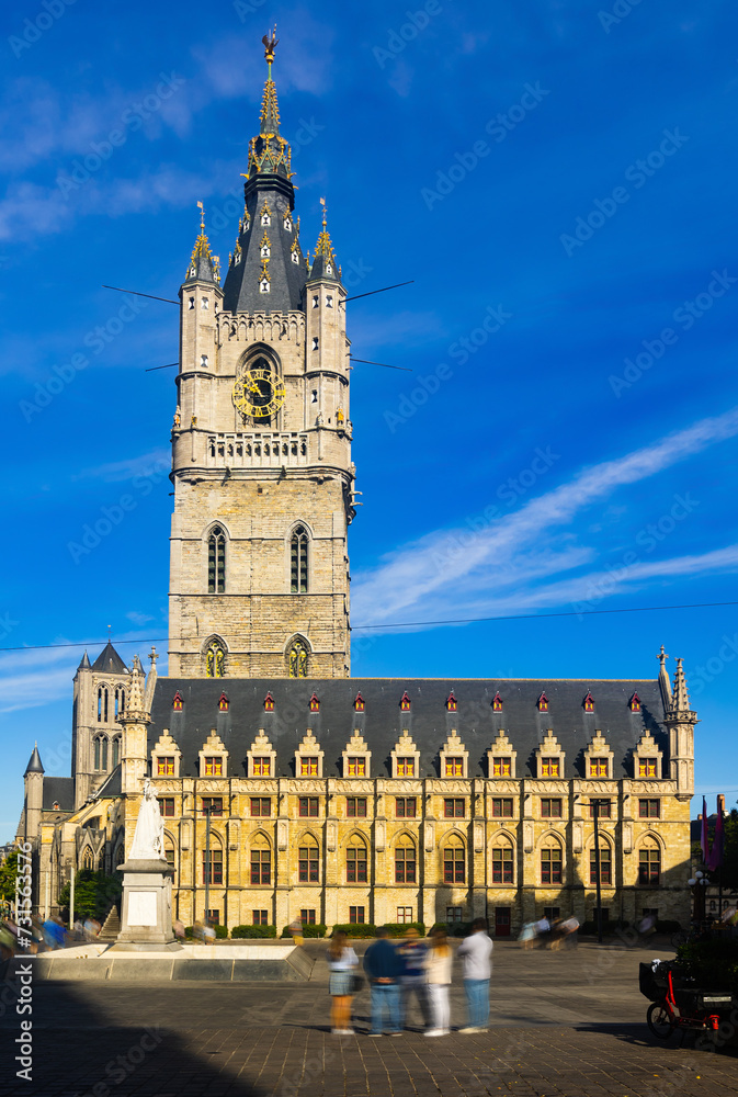 Impressive view of medieval tower of Belfry of Ghent, the tallest belfry in Belgium