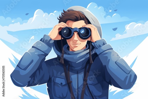Man Looking Through Binoculars in the Snow