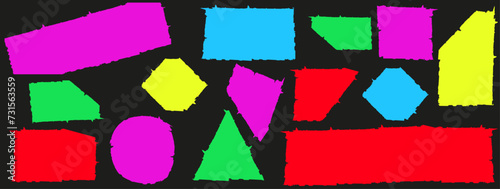 Set trendy Cyber Torn paper sheets with sharp edges and Neon effect isolated black background. Colorful Ripped paper pieces collection. Vector illustration can used postcard and banner design EPS 10