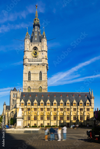 Impressive view of medieval tower of Belfry of Ghent, the tallest belfry in Belgium