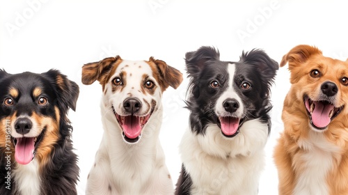 A banner with portrait of four happy dogs on a white background. Studio photo with puppies.