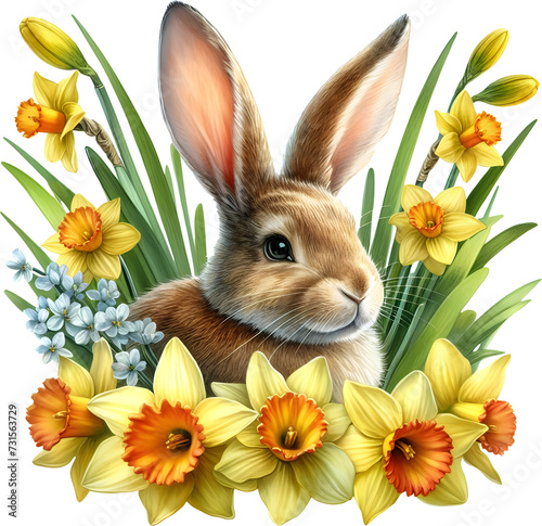 brown bunny surrounded by yellow daffodils clip art preview