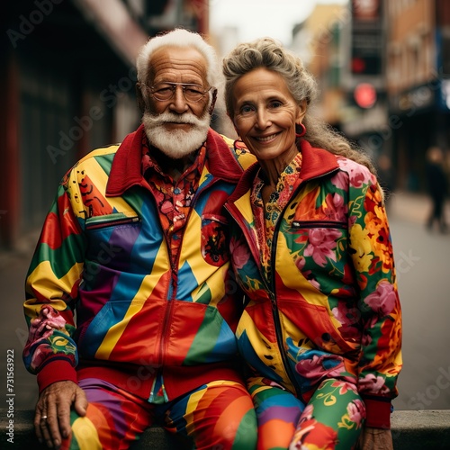 Portrait of old couple in colombian flag colors traditional dress 