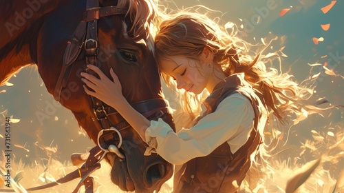 Manga Illustration with Horse and hugging Girl. AI Generative