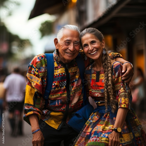 Portrait of old couple in colombian flag colors traditional dress  © smoke