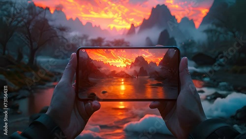 A traveler using a mobile phone take a landscape photo