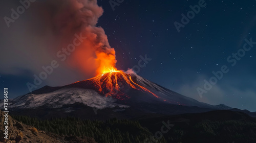 Night eruption of the volcano of fire. Scenic view of volcanic mountain against sky. Beautiful aerial cinematic footage of the lava exploding photo