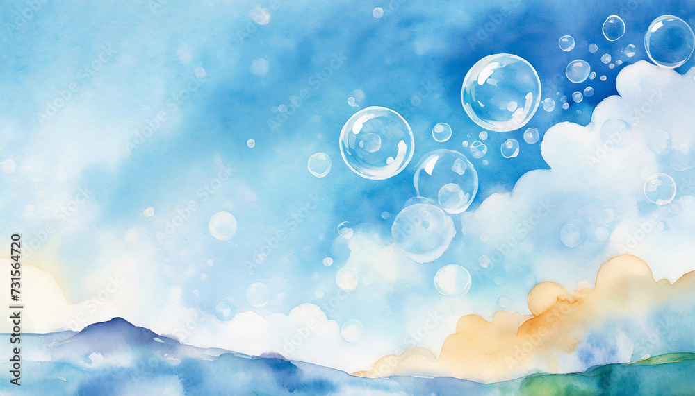 背景イラスト- Watercolor/ 青空,しゃぼん玉 背景イラスト- Watercolor/ 青空,しゃぼん玉