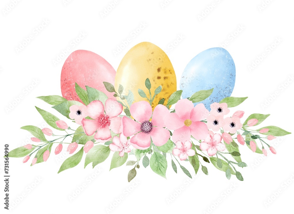 Set of watercolor Easter eggs with flowers