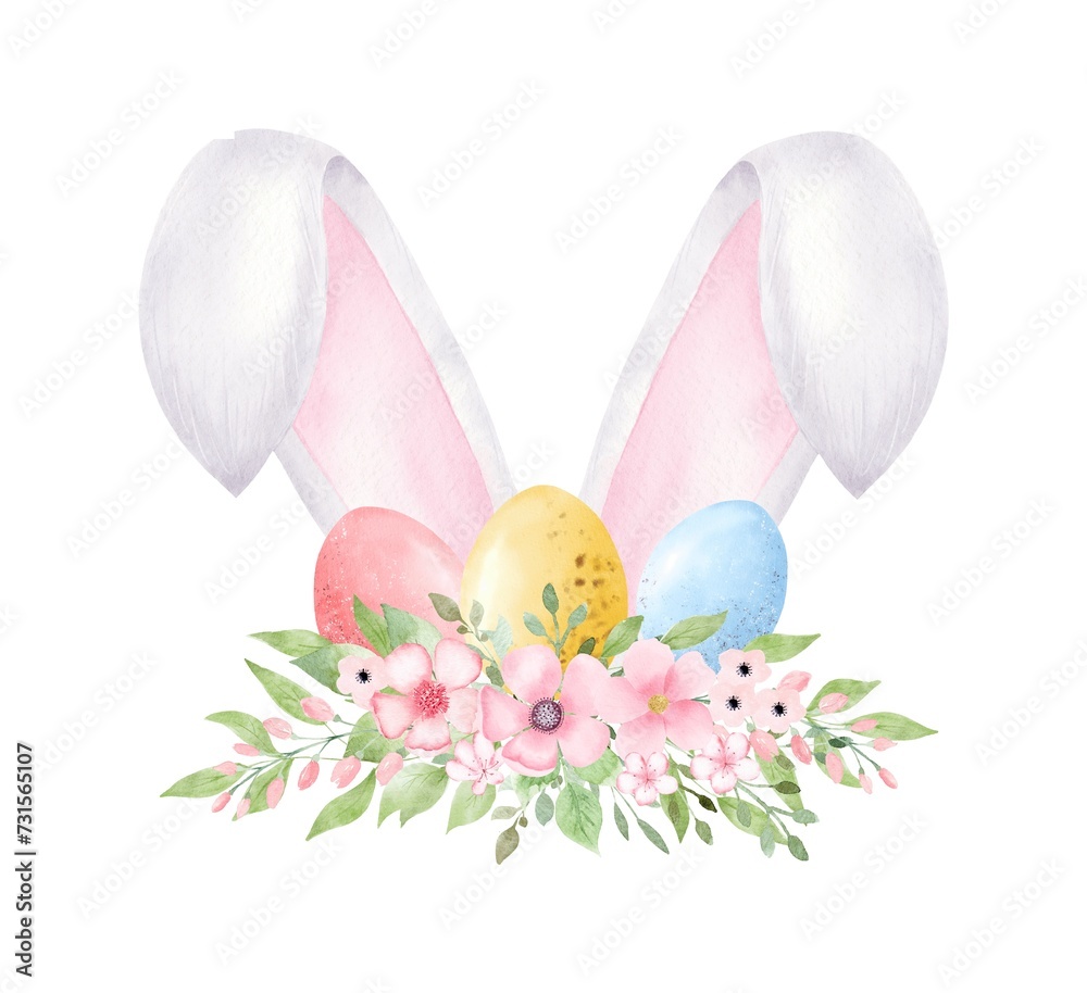 Watercolor Easter Bunny ears with flowers and eggs isolated on white background.