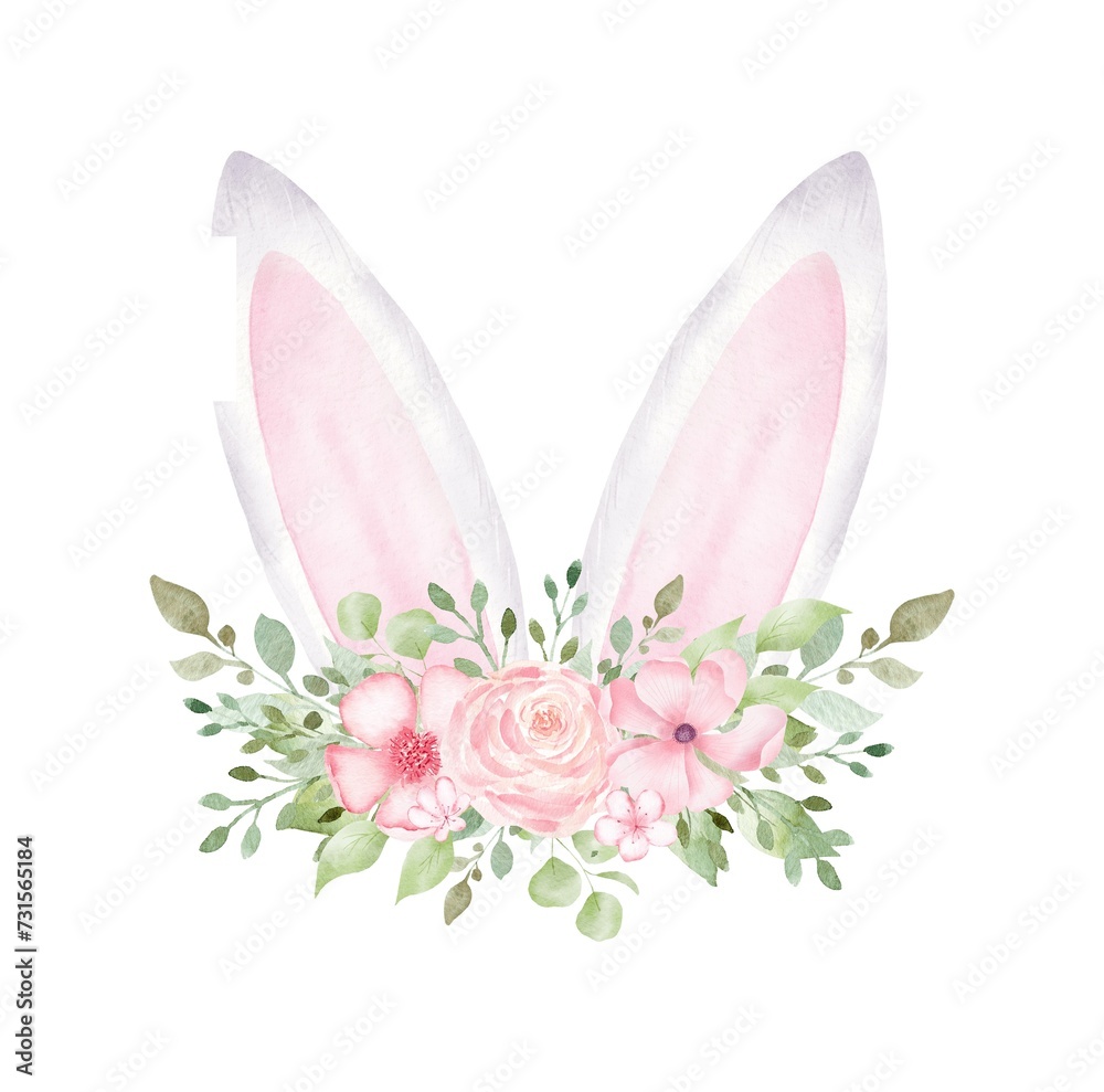 Watercolor Easter Bunny ears with flowers isolated on white background.