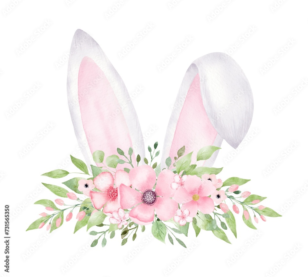 Watercolor Easter Bunny ears with flowers isolated on white background.