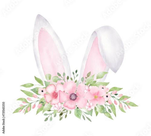 Obraz na płótnie Watercolor Easter Bunny ears with flowers isolated on white background. w salonie