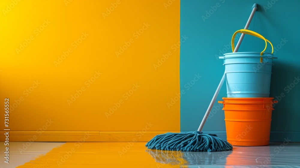 Minimalistic compositions featuring mops and buckets, creating a sense of clarity and freshness - obrazy, fototapety, plakaty 