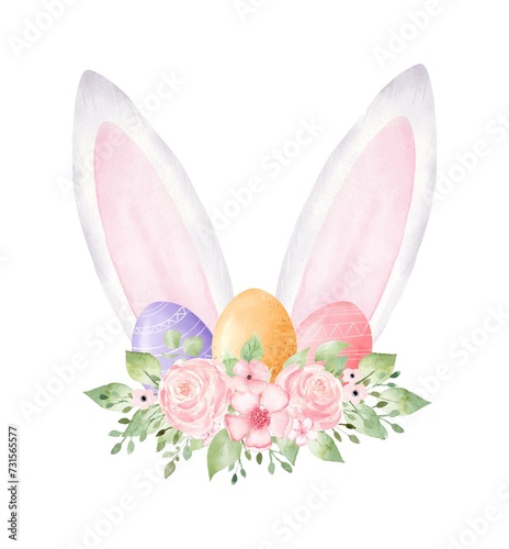 Watercolor Easter Bunny ears with flowers and eggs isolated on white background.