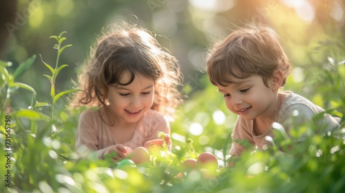 Playful scenes of children searching for hidden treasures amidst lush greener...