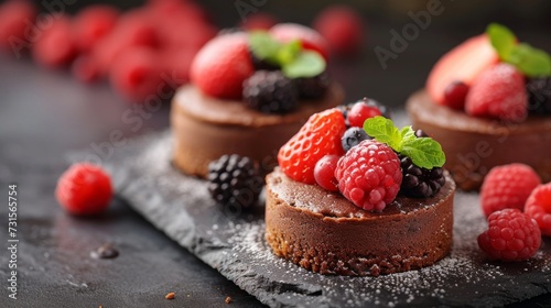Indulgent sweet treats like chocolate and berry tarts are beautifully presented for a memorable finale