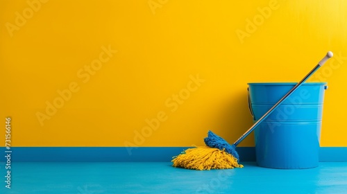 Minimalistic compositions featuring mops and buckets, creating a sense of cla...