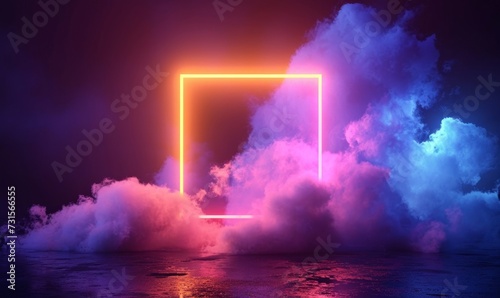 3d render, abstract minimal background with pink blue yellow neon light square frame with copy space, illuminated stormy clouds, glowing geometric, Generative AI