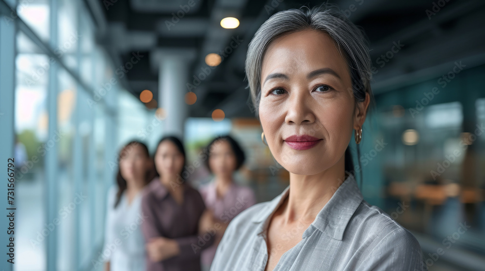 proud prosperous mid aged mature professional Asian business woman ceo executive wearing suit standing in office arms crossed looking away thinking of success, leadership, side profile view. proud prosperous mid aged mature professional Asian business woman ceo executive wearing suit standing in office arms crossed looking away thinking of success, leadership, side profile view.