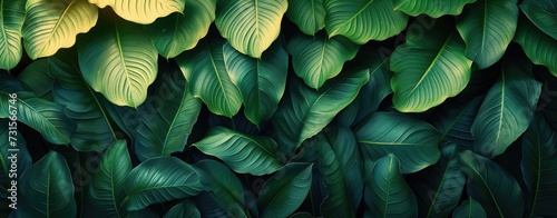 Lush Green Banana Leaves in Close-Up Tropical Background.