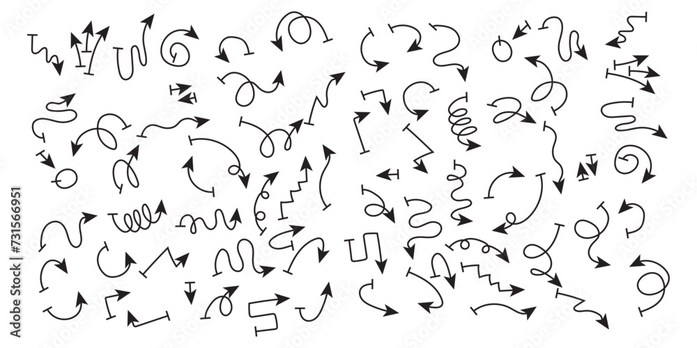 Collection hand drawn arrows. Set simple arrows isolated on white background. Arrow mark icons. Arrow paint - stock vector.