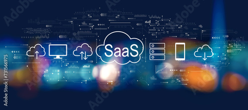 SaaS - software as a service concept with blurred city lights at night