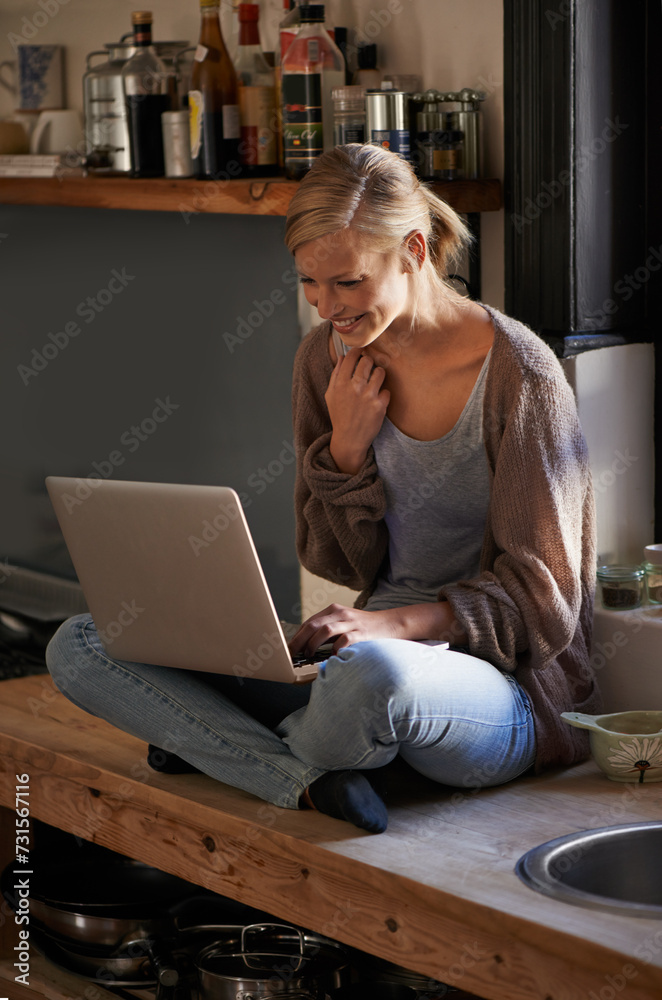 Laptop, remote work and happy woman in a house for research, planning or web communication. Freelance, smile and female person with startup business idea, search or social media check for inspiration Laptop, remote work and happy woman in a house for research, planning or web communication. Freelance, smile and female person with startup business idea, search or social media check for inspiration