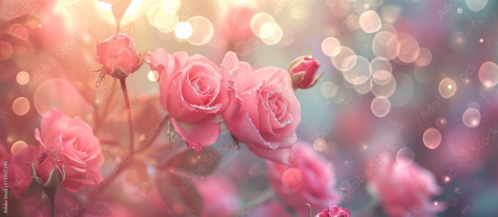 A flowering plant of the rose family, pink roses with petals in magenta color adorn a tree branch near the window. A flowering plant of the rose family, pink roses with petals in magenta color adorn a tree branch near the window.