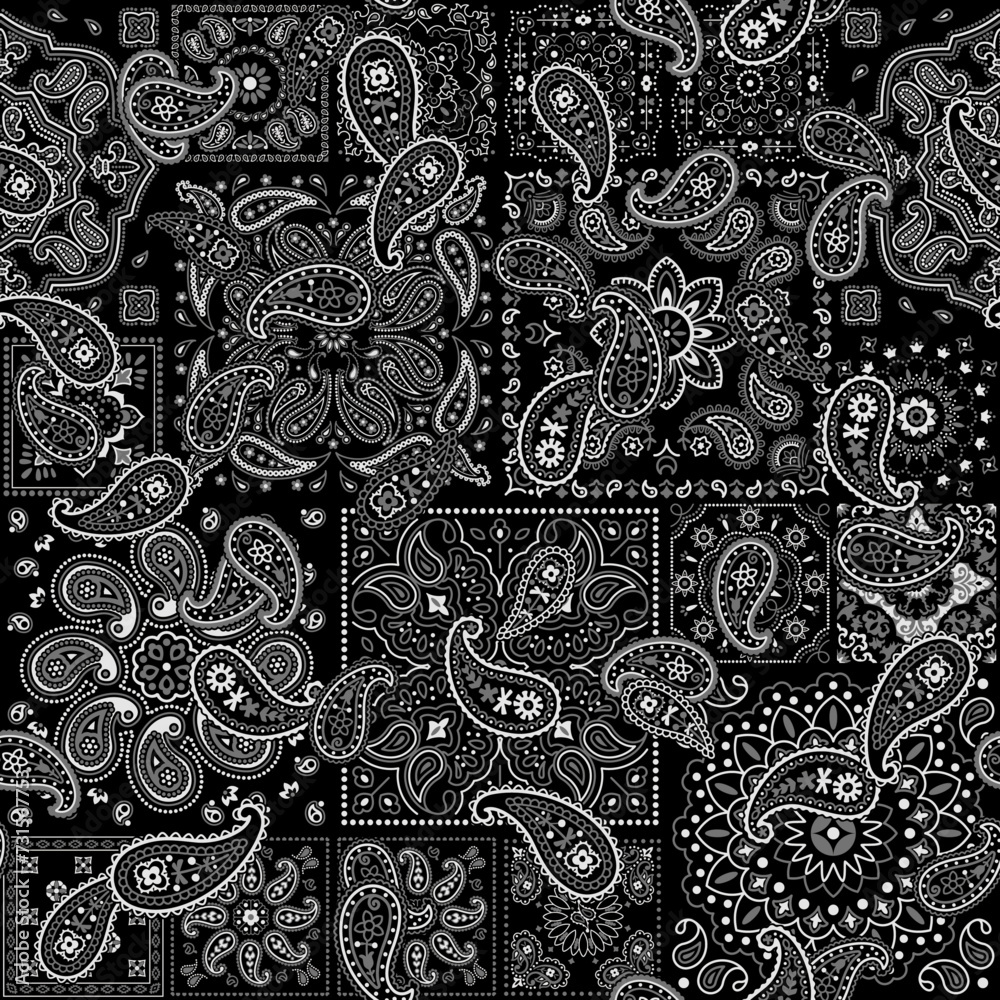 Black bandana kerchief paisley fabric patchwork abstract vector seamless pattern for scarf kerchief shirt fabric carpet rug tablecloth pillow