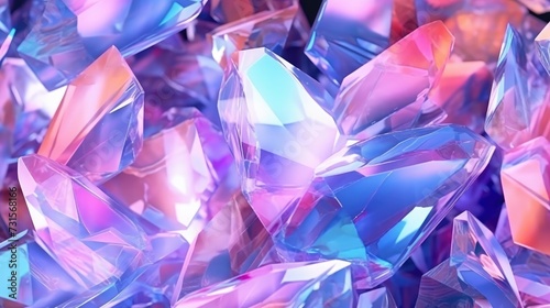 Iridescent Glass Shards Reflecting Neon Pink and Blue Hues.
