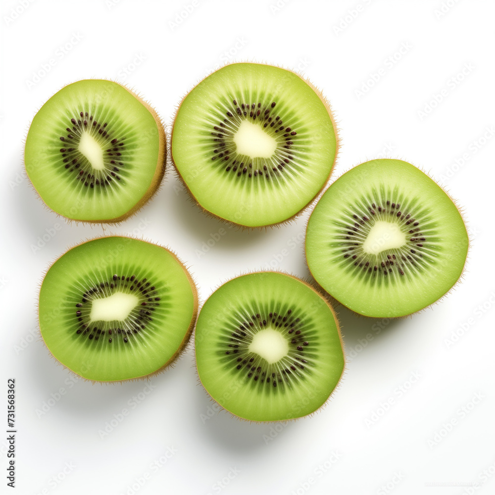 Fototapeta premium Kiwi Essence Visual Story Highlighting Whole or Sliced Kiwis on a Clean White Backdrop