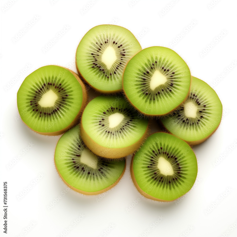 Fototapeta premium Kiwi Essence Visual Story Highlighting Whole or Sliced Kiwis on a Clean White Backdrop