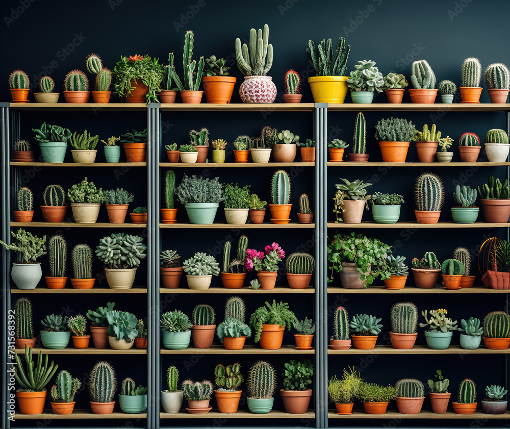 Potted cacti and succulents in modern pots on shelves