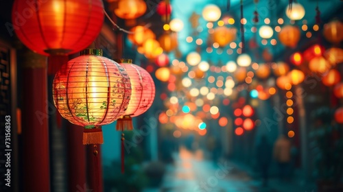 Colorful images showcasing streets adorned with intricate lantern decorations...