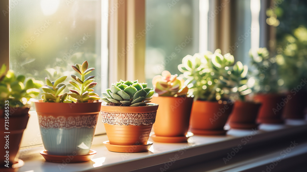 Potted cactus succulent on window sill