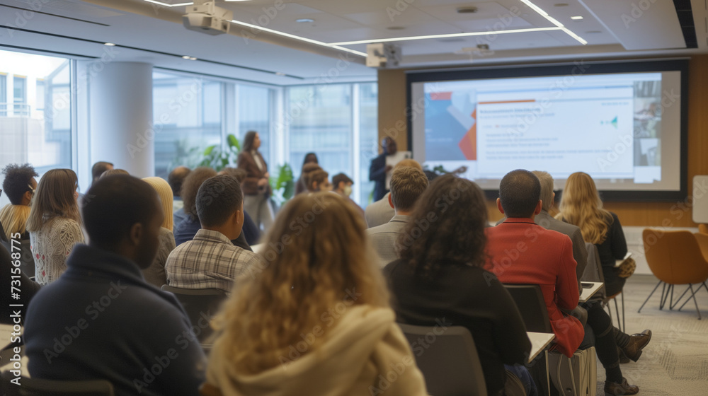 Fototapeta premium Engaged Audience at Professional Development Seminar: Diverse Group of Business Professionals Attending an Educational Workshop, Focus on Continuous Learning and Skill Enhancement 