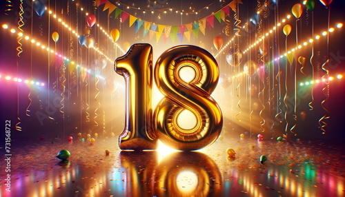 golden balloons number 18 on birthday concept background photo