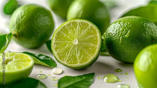 Fresh limes on a bright surface, water droplets add freshness. citrus fruits for healthy lifestyle. ideal for food blogs and nutrition ads. AI